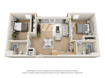 a stylized floor plan of a 1 bedroom796 sq ft